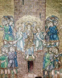 The Tower of Babel, detail of Christ and saints dispersing the workers